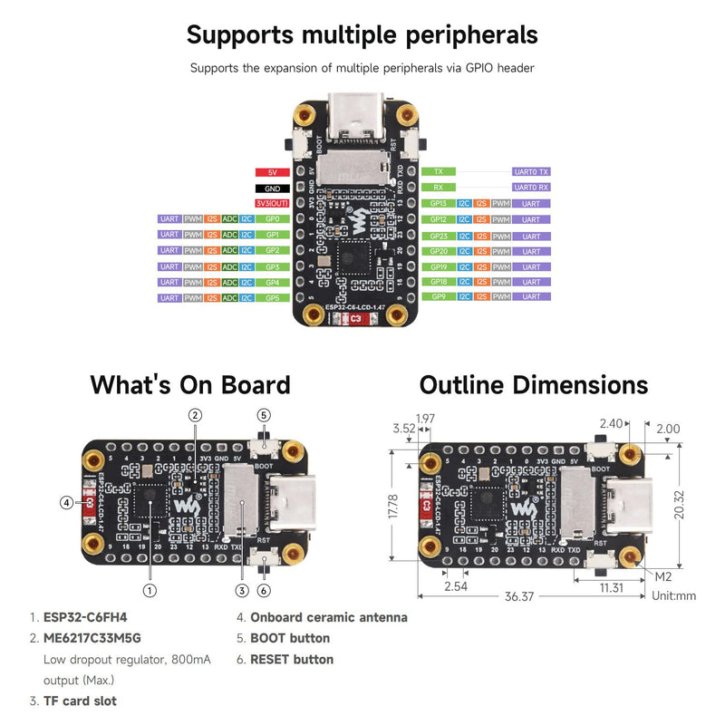 Waveshare ESP32-C6 1.47 Inch Microcontroller Wi-Fi 6 Development Board 160MHz Single-Core Processor 172 x 320 LCD Screen 262K Color with RGB BLE5 4MB Flash for LVGL GUI Development, etc