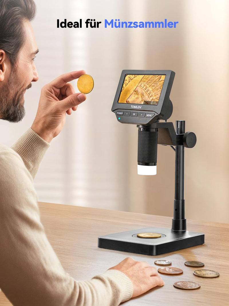 Tomlov DM4W 4.3 Inch IPS Coin Microscope with Scales, 0.1 g Accuracy | Measurement in g/oz/ct, Jewelry & Metal Testing, Integrated LEDs, USB Live Image, Photos/Videos, Wireless Design, PC Compatible, Black