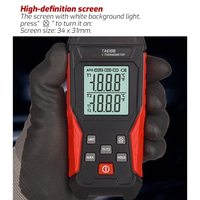 [Australia - AusPower] - Thermocouple Thermometer, Digital Dual Channels Thermocouple with 4 K-Type Thermocouple Probes LED Backlight Display -328~2501℉ Measuring Range K Type Temperature Tester Red 