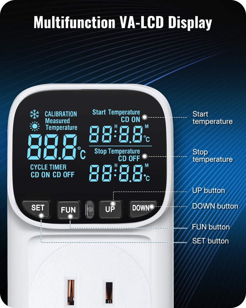 [Australia - AusPower] - Digital Temperature Controller Outlet, 15A/1800W Heavy Duty Thermostat Plug, VA LCD Display, Heating/Cooling Control, -40°F~210°F, 4 Timer Modes, for Greenhouse Incubator Homebrew W01TC06 
