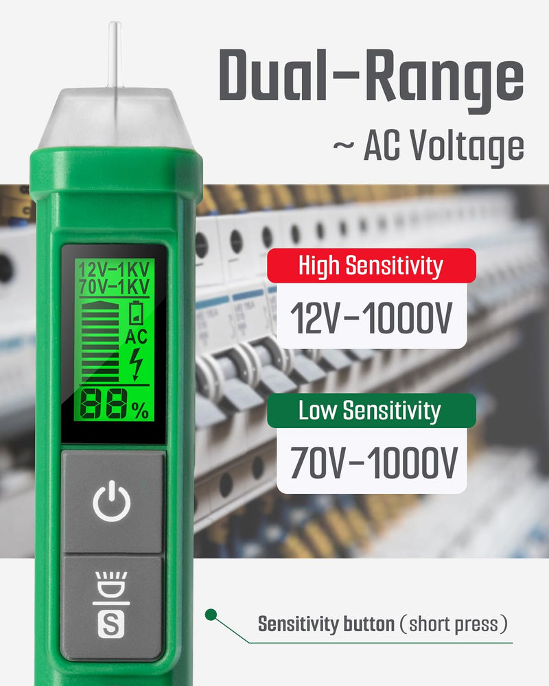 [Australia - AusPower] - Voltage Tester, TESMEN TN-213 Non-Contact Voltage Tester, Electrical Tester, AC 12V-/70V-1000V, Dual-Range, LCD Display in Percentage, Buzzer Alarm, Live Wire Tester, Wire Breakpoint Finder - Green 