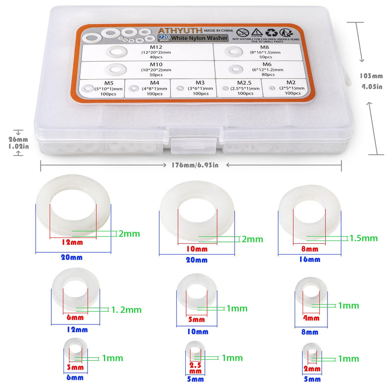 [Australia - AusPower] - 720-Pcs (9 Sizes) Round Nylon Washers White Flat Gasket Ring Sealing Washers Hardware Assortment Kit for Bolts and Screws. 