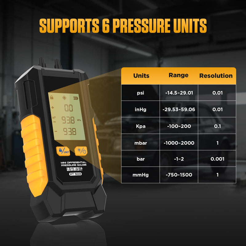 PT503 Manometer Gas Pressure Tester,Dual-Port HVAC Digital Manometer with Range of -100 to 200 KPa, 6 Units, Data Retention, 7Adapters, PT503