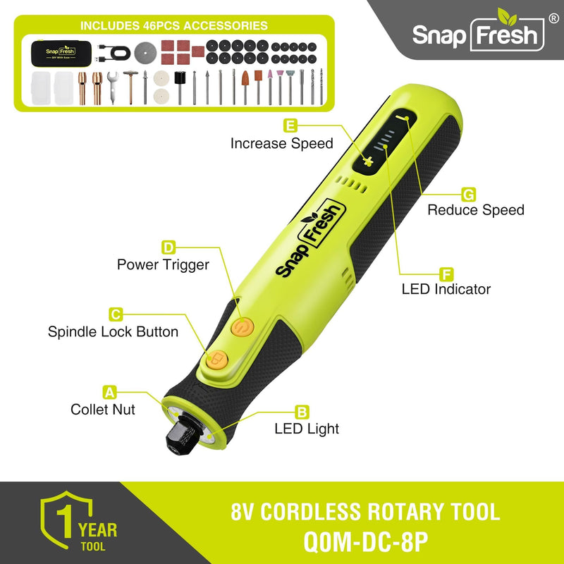 SnapFresh 8V Cordless Rotary Tool Kit, 28,000 RPM 5-Speed Mini Electric Multi-Tool with LED Light, USB-C Rechargeable, 46 Accessories & Carry Bag, Lightweight for DIY Crafts & Dog Nail Grinding 8
