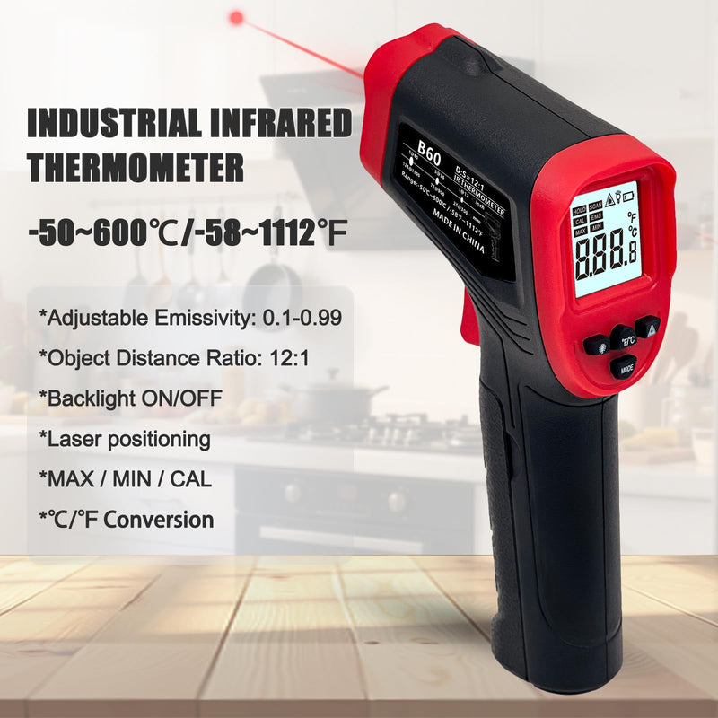 [Australia - AusPower] - Digital Infrared Thermometer Gun for Cooking,-58 to 1112 °F Laser Temperature Gun with Adjustable Emissivity&MAX&MIN,IR Thermometer for Pizza,Oven,Grill,Kitchen,BBQ,Meat,Food,Griddle (not for Human) 
