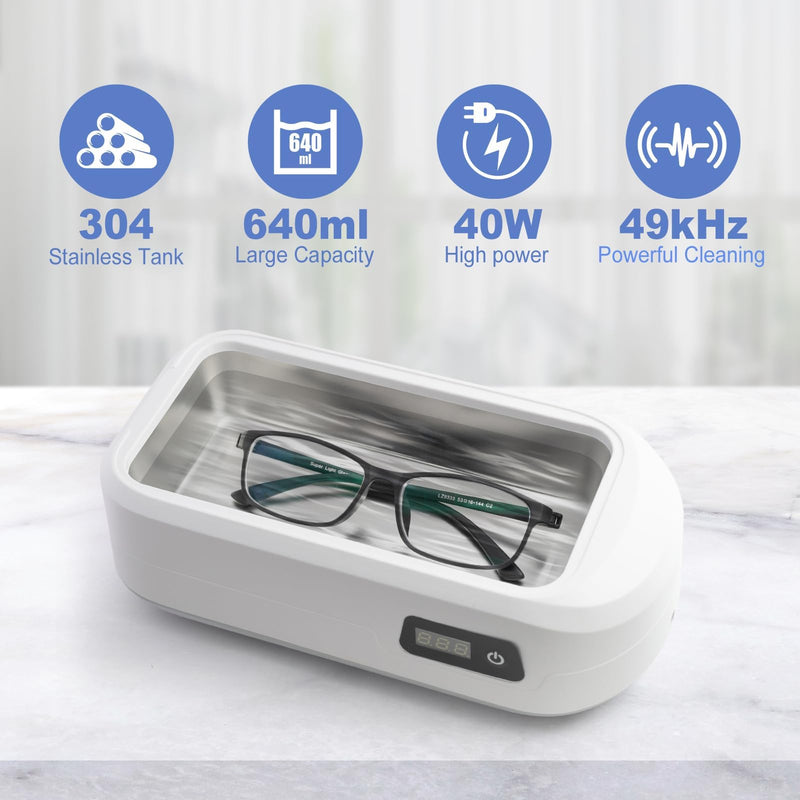 [Australia - AusPower] - Ultrasonic Jewelry Cleaner, 22oz Jewelry Ultrasonic Cleaner 48W Portable Professional Ultrasonic Cleaner for Jewelry, Eyeglass, Watches, Dentures, Ring, Blade Razor 640ml 48KHz(White) 