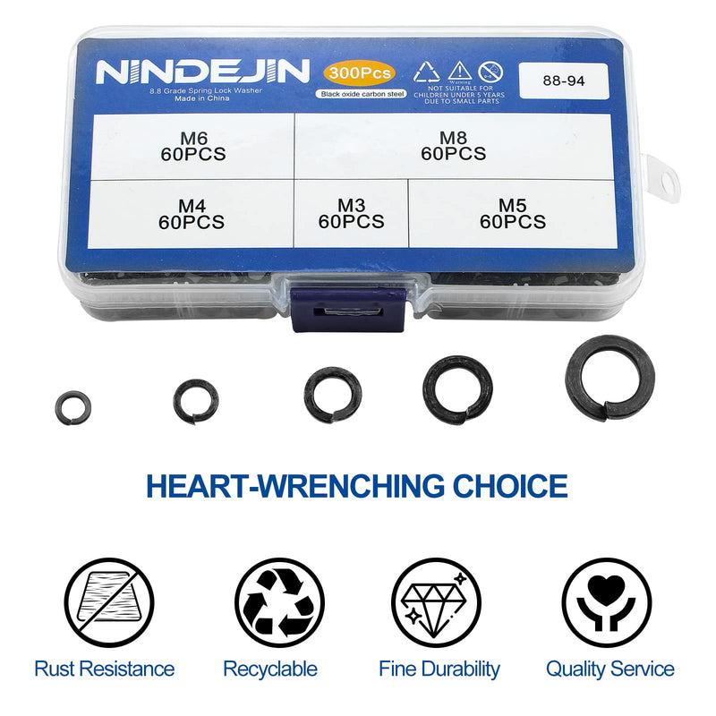 [Australia - AusPower] - NINDEJIN 300Pcs Spring Lock Washers Assortment Kit, M3 M4 M5 M6 M8 Black Zinc Plated Carbon Steel Split Lock Washer Set, Spring-loaded Circular Split Washers for Prevent Fasteners Loosening 