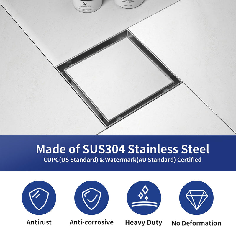 Square Shower Drain 6", Brushed Floor Drain with Tiled Insert Grate & Hair Strainer, 304 Stainless Steel Bathroom 2-in-1 Tiled in Drain, CUPC Certified (Brushed, 6'') 6''