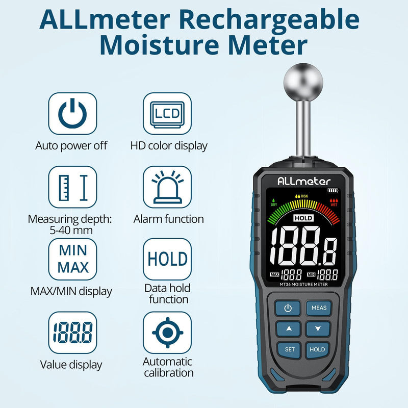 [Australia - AusPower] - Upgraded Spherical Moisture Meter,5-40mm Pinless Moisture Detector with Color LCD,Hold & Max/Min,for Wood,Concrete,Walls,Masonry,Plaster,Ideal for Homeowners and Construction Professionals 
