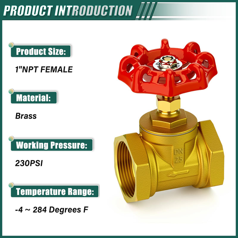 [Australia - AusPower] - 1" NPT Brass Gate Valve, Female x Female, with Wheel Handle, Heavy Duty Globe Valves Tool, for Fuel/Airl/Water/Gas/Oil (DN25) 1"(DN25) 