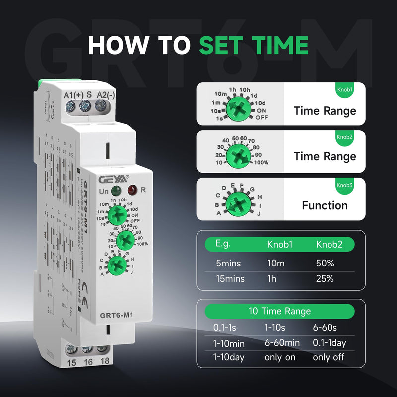GEYA 10A Multifunctional Delay Time Relay 10 Function Choices AC/DC24V-240V 2 Output Control Relay with DIN Rail Mount (GRT6-M2,AC/DC24V-240V) GRT6-M2