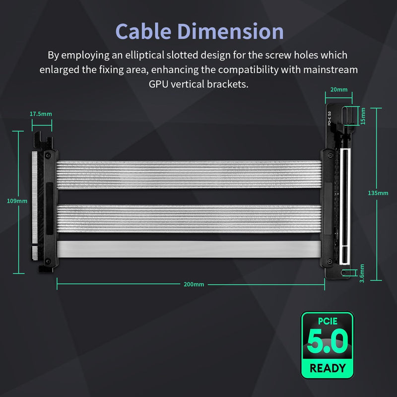 PCIE 5.0 Riser Cable, Gen 5 GPU Graphics Card Extension Cable, PCI-E 16X 128GB/s Compatible with PCIE 4.0 and WRX80/ 90E, RTX4090, RX7900XTX, 200mm