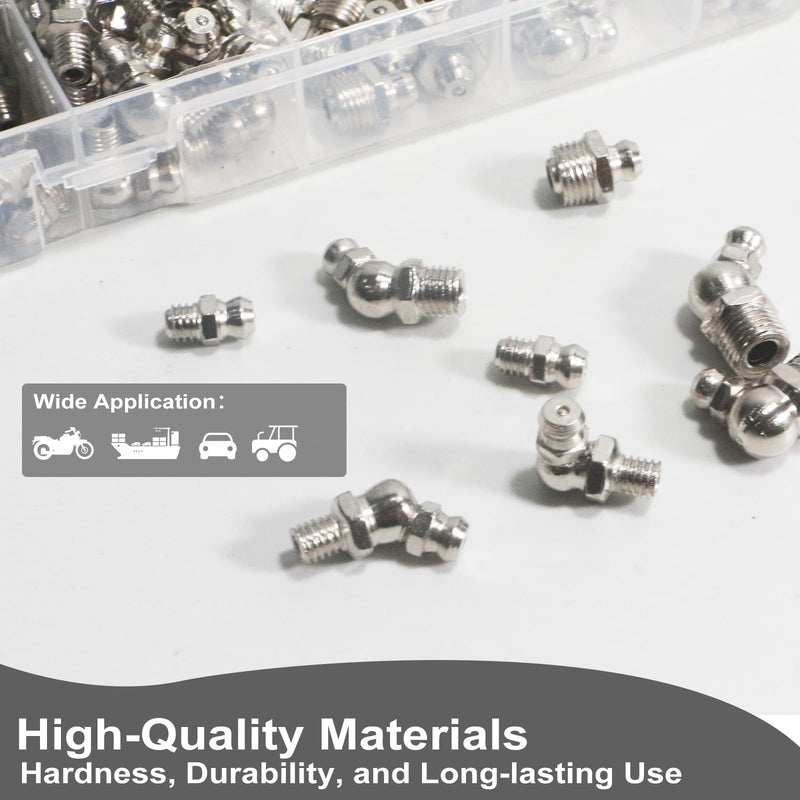 [Australia - AusPower] - LANZLC Pack of 170 Grease Nipple Assortment Kit, 45° 90° Nickel-Plated Iron Tapered Lubrication Nipple, M6 M8 M10 Straight Angled, Hydraulic Grease Nipple with Caps Storage Box for Lubricating Presses 