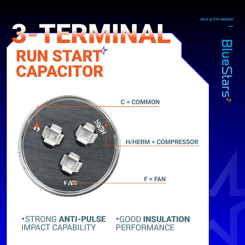 [UL Certified] BlueStars 2 Packs 45+5 uF 45/5 MFD 370V or 440V Round Dual Circular Run Capacitor CBB65 50/60 Hz - Compatible for AC Motor Run or Fan Start or Condenser Straight 45+5 MFD