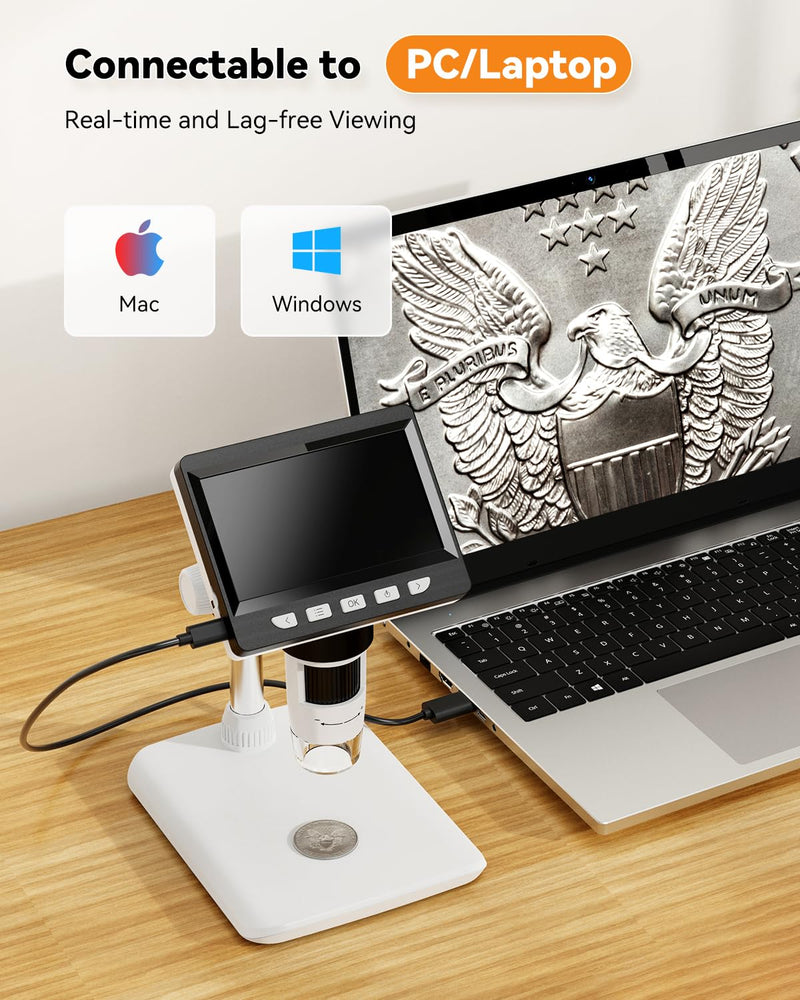[Australia - AusPower] - 4.3" Digital Microscope for Adults, SKYEAR Coin Microscope1000X Magnification with 8 Ajustable LED Fill Lights, USB Microscope for Windows/MacOS, Coin Collection Supplies 