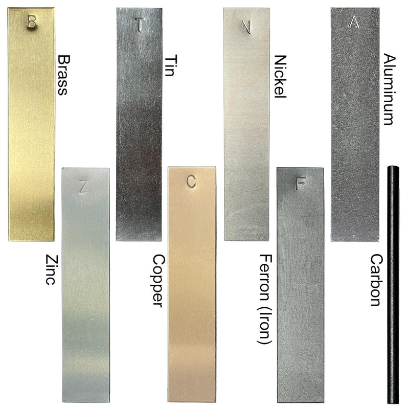 [Australia - AusPower] - Metal Shim Stock Electrodes Strips 8 Piece Set, Aluminium, Copper, Brass,Zinc, Nickel, Tin, Iron & Carbon for Student's Electrochemical Experiments 