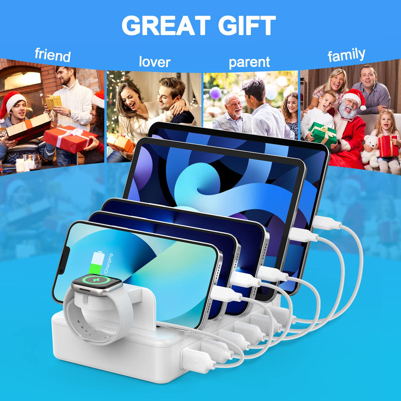 [Australia - AusPower] - CREATIVE DESIGN Charging Station for Multiple Devices,50W 6 Ports Charging Dock with 6 Cables Compatible with Cellphone,Tablet, Kindle, Apple Watch and Other Electronic White 