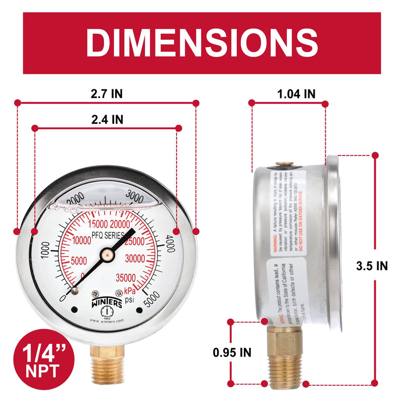 [Australia - AusPower] - Winters 2-1/2" Dial Size, Liquid Filled Industrial Pressure Gauge, Brass Internals, Stainless Steel Case, Dual Scale 0-5,000 psi/kPa, 1.5% Acc, 1/4" NPT Bottom Mount, Glycerin Filled Pressure Gauge 0/5,000 PSI/kPa 