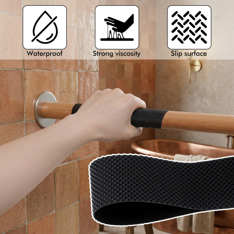 Rubber Grip Tape Anti Slip Tape, Ultra-Thin Strong Adhesive Anti-Slip Waterproof Heat Resistant Wear-Resistant Cushion Pad, Making Handles or Contact Surfaces Safer（Black, 1In x 16Ft）