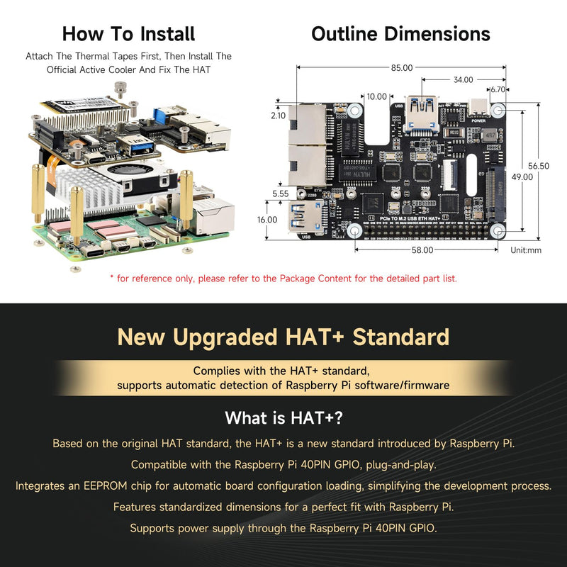 Waveshare PCIe to USB 3.2 Gen1 / 2.5G ETH/M.2 NVMe Adapter, Compatible with Raspberry Pi 5, Supports NVMe Protocol M.2 Solid State Drive, Expands 2-ch USB 3.2 Ports and 2-ch Ethernet Ports, HAT +