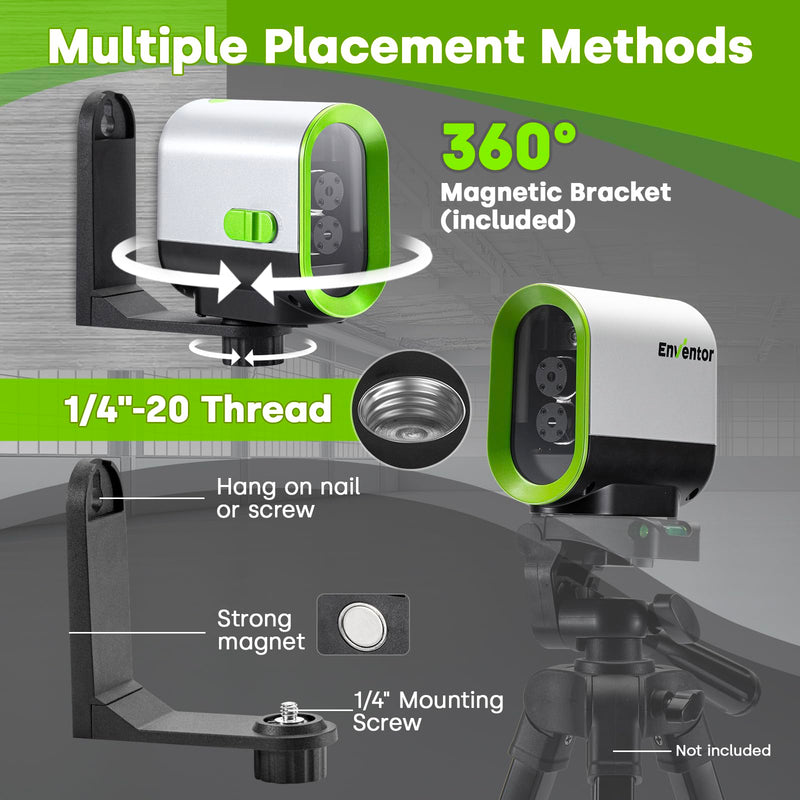 [Australia - AusPower] - Enventor Green Laser Level, Self Leveling Laser Level for Picture Hanging and Home DIY, Horizontal and Vertical Cross-Line Laser, Rotatable 360° Magnetic Holder, Pulse Mode, USB Charging 
