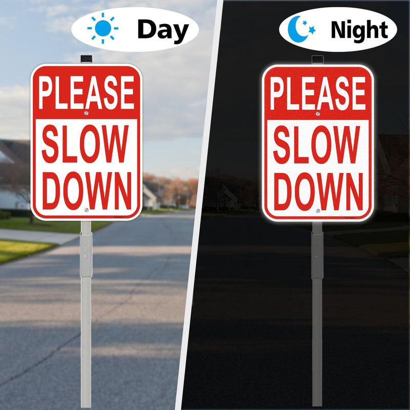 2 Pack Please Slow Down Yard Signs, with 36" Metal Stakes, 14"x10" Reflective Aluminum, Durable Warning Traffic Sign for Slower Speeds, Great for Neighborhoods, Includes Matching Screws & Wrench Red 2Pack- 14"x10" Slow Down Sign- with Stake