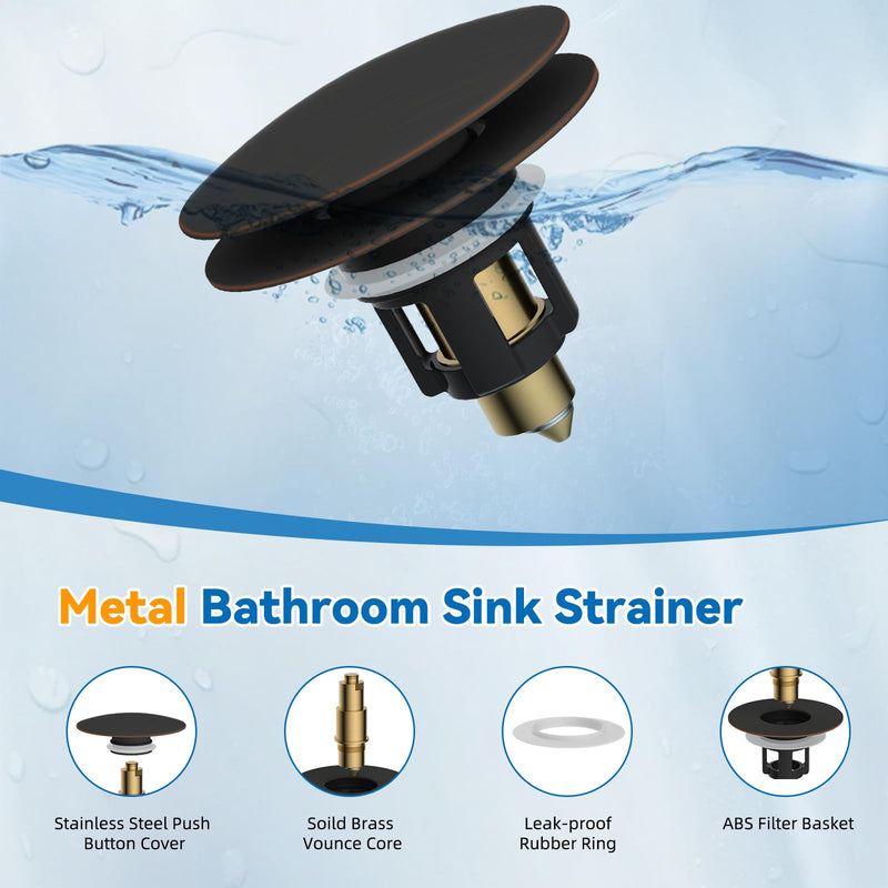 iFealClear 2 Pack Universal Bathroom Sink Stopper, Pop Up Sink Drain Strainer with Hair Catcher, Fit 1.1"-2.36" US Basin, Wash Basin Drain Plug with Big Cover Cap, Brass Bounce Core, Oil Rubbed Bronze Oil Rubbed Bronze Finished