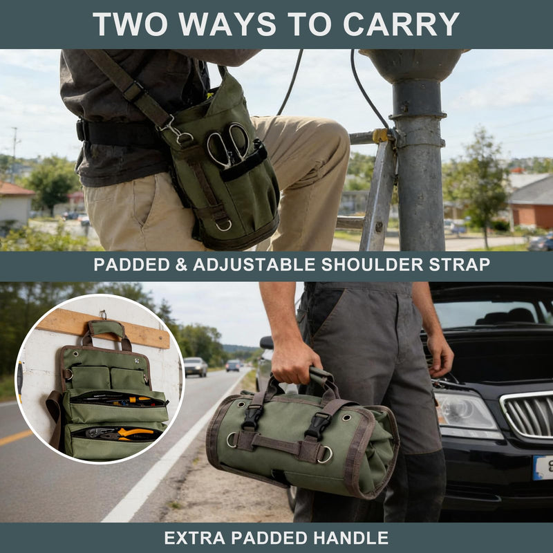ITTAR Roll Up Tool Bag Organizer, Heavy Duty Motorcycle Tool Roll Up Bag with 4 Large Zipper Pockets, 2 Detachable Pouches, 5 Slots Pockets, Portable Tool Roll Bag Men Gifts for Mechanic, Electricians