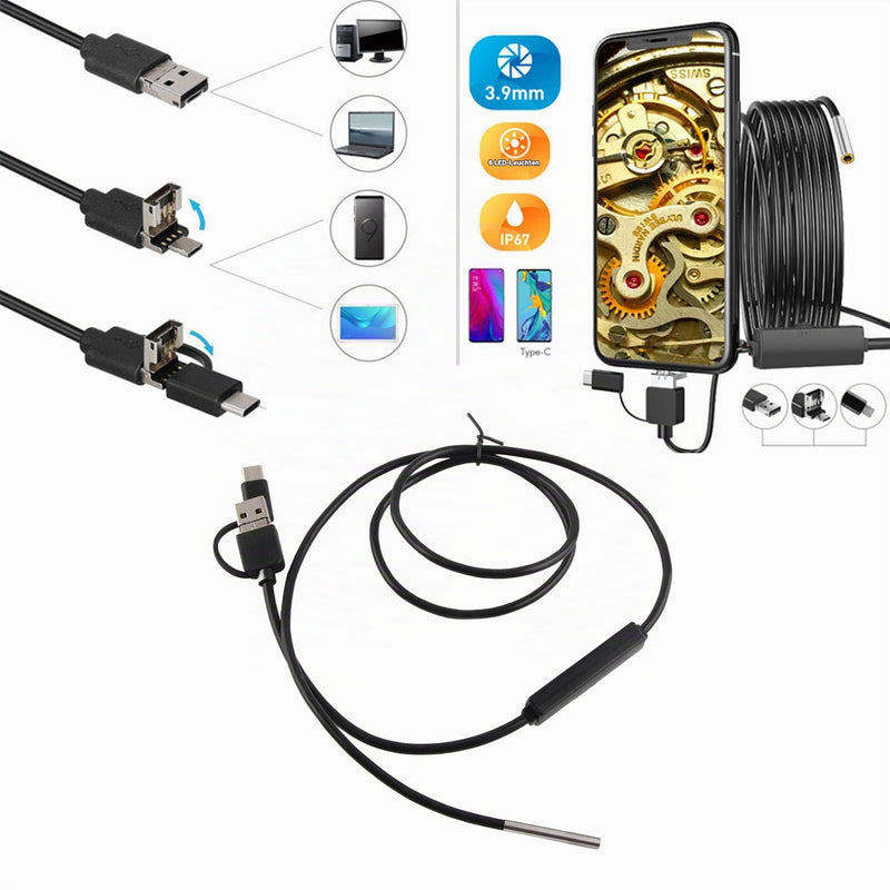 3-in-1 USB Endoscope Type C, 3.9 mm Lens, Waterproof Inspection Camera, Endoscope with 6 LED Lights (1 Meter Soft Wire) 1 Meter weicher Draht