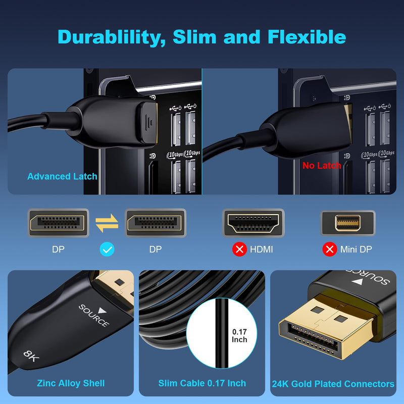 8K Fiber Optic DisplayPort Cable 2.1, 10ft Active DP Cable 54Gbps, 8K@60Hz, 4K@240Hz, 2K@360Hz, HDR, HDCP, DSC 1.2a, High Speed Optical Display Port Cord for Gaming/Monitor/FreeSync/G-Sync/TV/PC