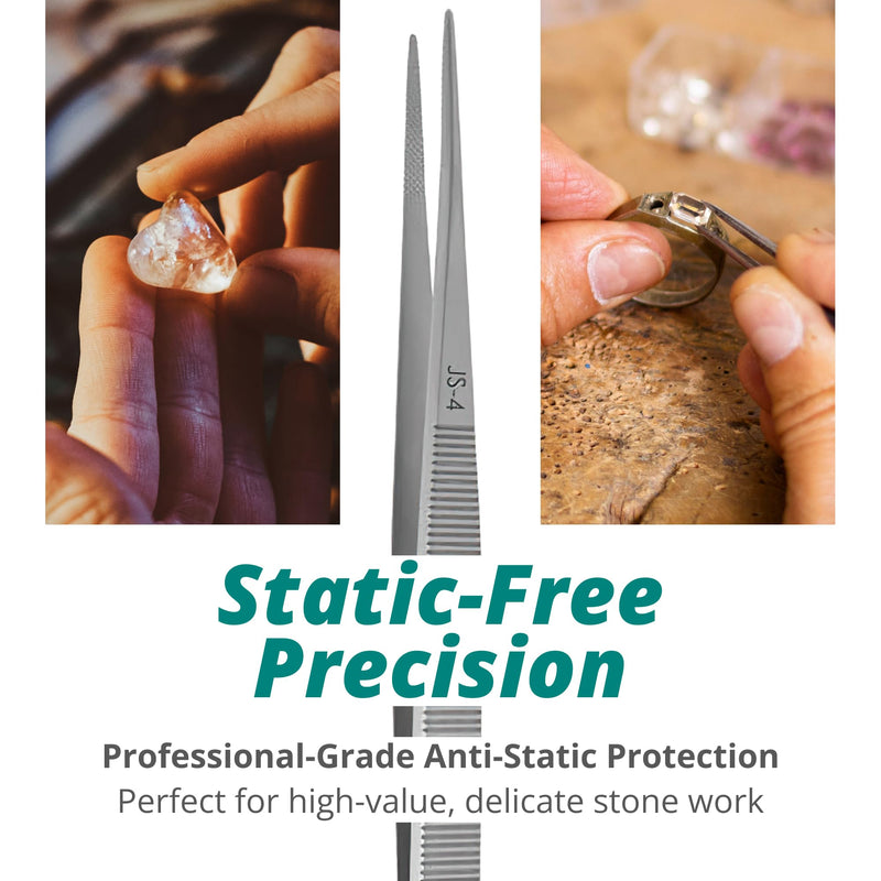[Australia - AusPower] - Excelta JS-4 Gemologist Forceps, Straight Medium Tweezers, 0.035” Tip, Precision Gem Handling Tool, Stainless Steel AISI 440, Conductive Surface, Ideal for Jewelry & Gemstone Work, Made in Switzerland 6.38" Tweezer, Jeweler's, Standard 