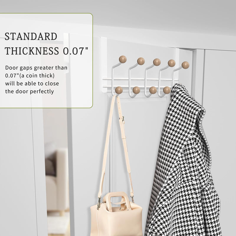 [Australia - AusPower] - 2 Pack Over The Door Hooks,Sturdy Metal Over Door Organizer Rack with 10 Wooden Hooks for Living Room, Bathroom, Bedroom, Kitchen Hanging Clothes, Towels, Hats, Coats, Bags-White White(2 pack hangers with 10 hooks) 