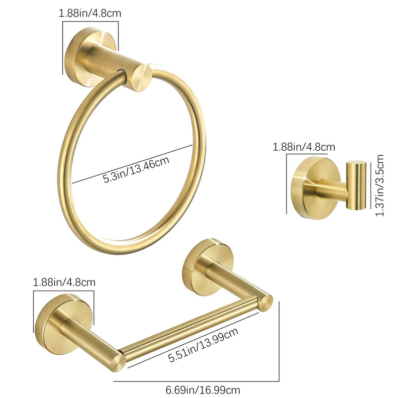 Gold Bathroom Hardware Set, Brushed Gold Toilet Paper Holder Towel Ring Robe Hooks Wall Mount Hand Towel Holder Bath Accessories Stainless Steel, 3 Pieces Brushed Gold 3 Pieces