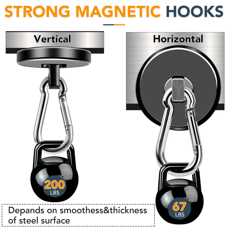 MIKEDE Magnetic Hooks Heavy Duty, 200LBS+ Powerful Magnetic Hooks Cruise, Super Strong Swivel Magnet Hooks Neodymium Magnets with Carabiner Hook for Hanging, Workplace - 2 Pack 200LB-2Pack Black Magnetic Hooks