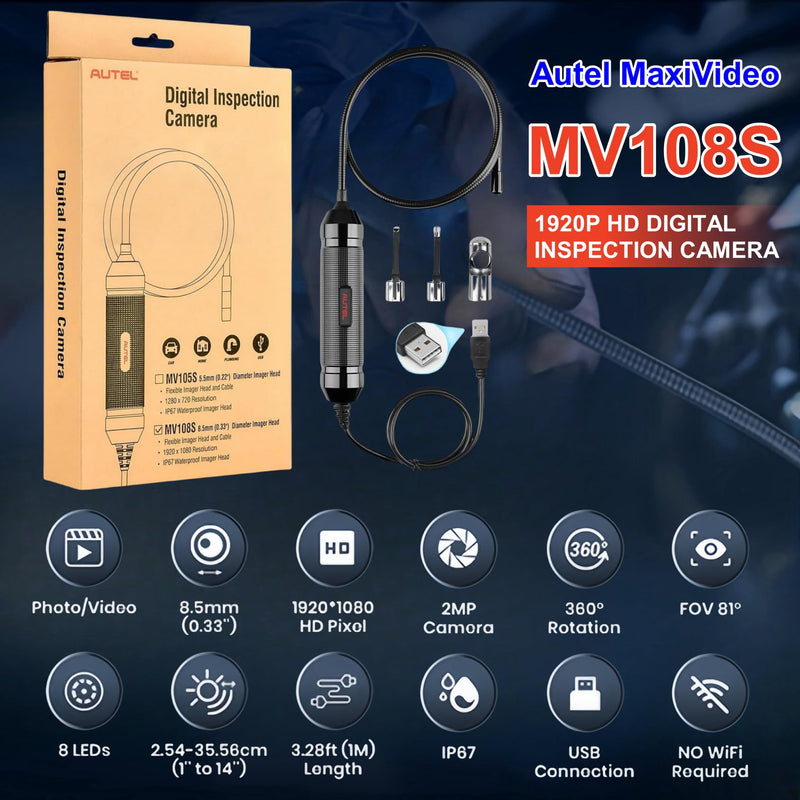 [Australia - AusPower] - Autel MaxiVideo MV108S Digital Inspection Camera Work with PC MX808 MX900 MS906Pro MS908 MS909 MS919 Ultra, Video Inspection Scope, Waterproof Imager Head, USB Industrial Endoscope, IP67 Waterproof 