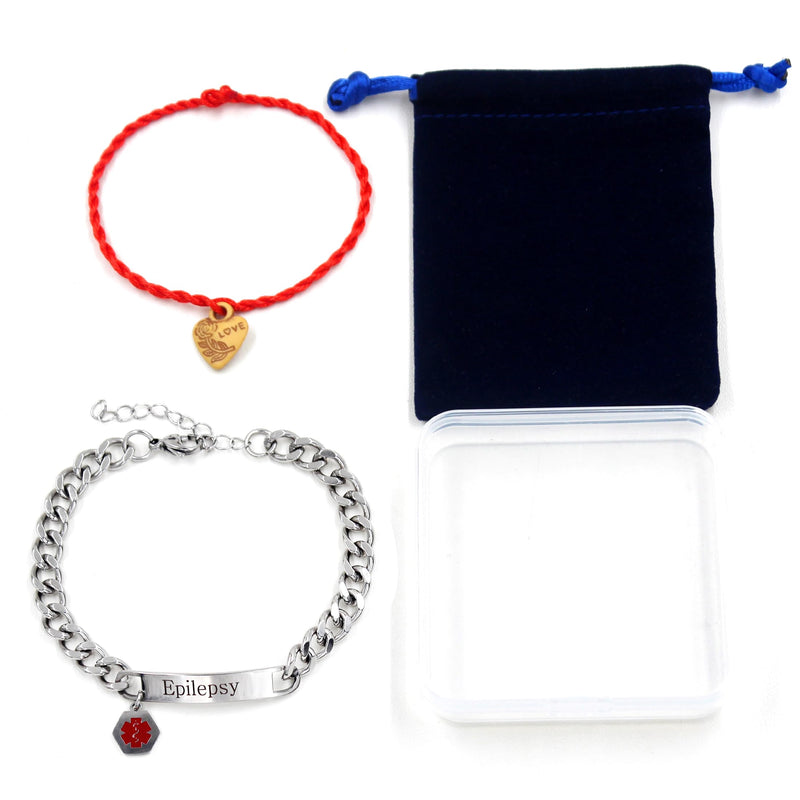 Uloveido Red Medical ID Bracelet | White/Black Cuban Chain Bracelets | Custom Medical Alarm Jewelry for Men Women | Waterproof Stainless Steel Bracelet YA5169 White Epilepsy