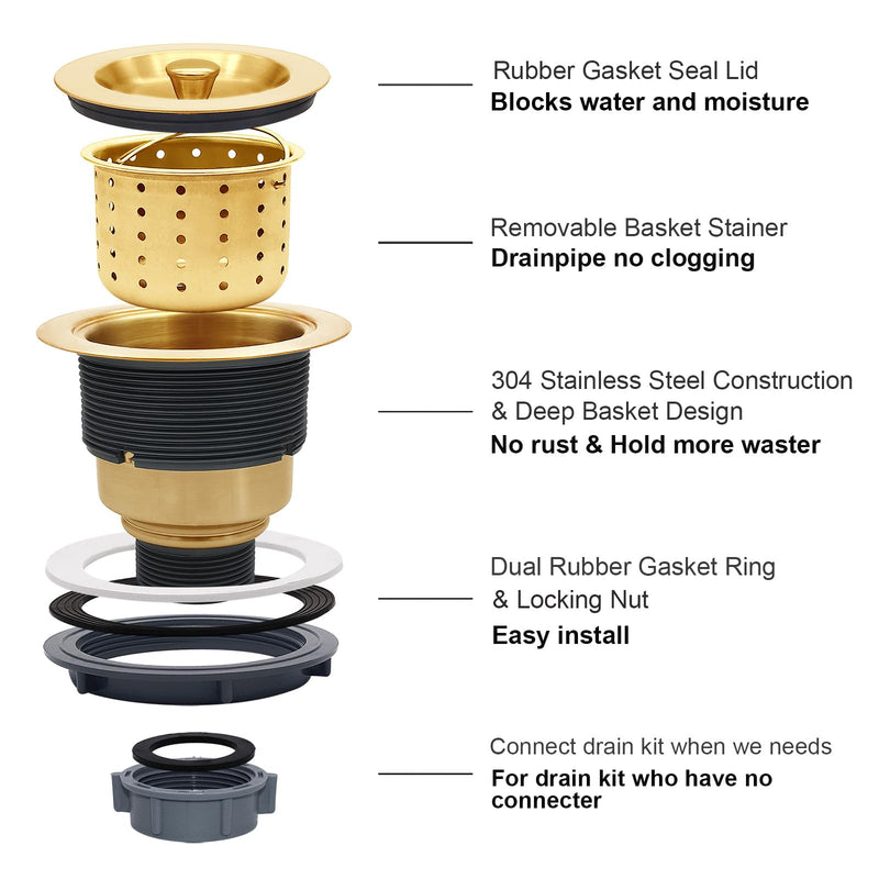 3-1/2-Inch Kitchen Sink Drain Strainer Assembly Kit, GZILA Deep Waste Basket Strainer with Sealing Lid Sink Stopper, 304 Stainless Steel Brushed Gold