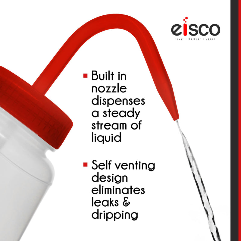 EISCO - Acetone Wash Bottle, 500mL, Low Density Polyethylene, Self-Venting, Color-Coded Chemical & Safety Label, Wide Mouth, Leak-Proof Cap with Nozzle, Laboratory Dispensing Bottle, Red Cap 1