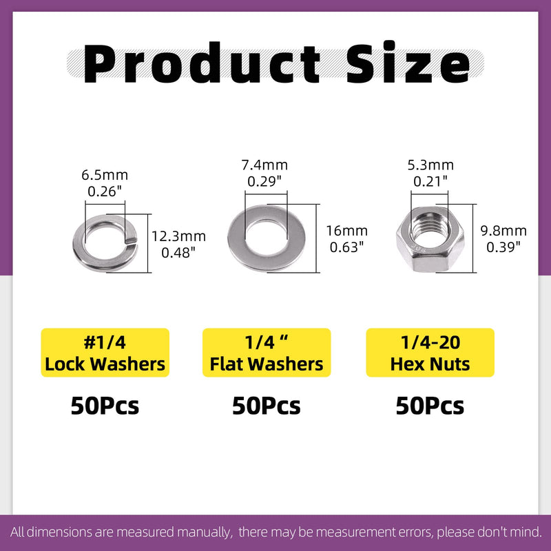 [Australia - AusPower] - Swpeet 150Pcs SAE 304 Stainless Steel 1/4-20" Hex Nuts and #1/4 Flat Washers with #1/4 Split Lock Washers Assortment Kit, Coarse Thread Hexagon Nut for Home Automotive Shop Use #1/4-20 Hex Nuts & Washers 