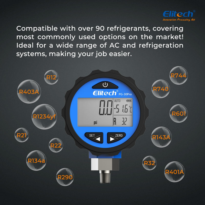 [Australia - AusPower] - Elitech PG-30Pro Blue Refrigeration HVAC Digital Pressure Gauge -14.5-500 PSI 1/8'' NPT 
