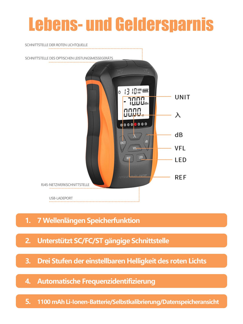 [Australia - AusPower] - YGGYM Optical Power Meter with Visual Fault Locator Optical Fiber Power Meter with Cable Tester Function and Li-ion Battery USB Charging for Universal FC/SC/ST Interface 