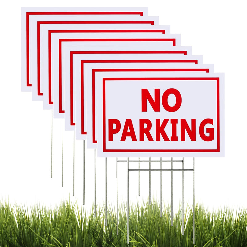 8 Pack No Parking Signs, 8 x 12 Inches Corrugated Plastic Sign with Metal H-Stake Plastic Outdoor Waterproof No Parking Signs for Driveways Yard Lawn (White, Red)