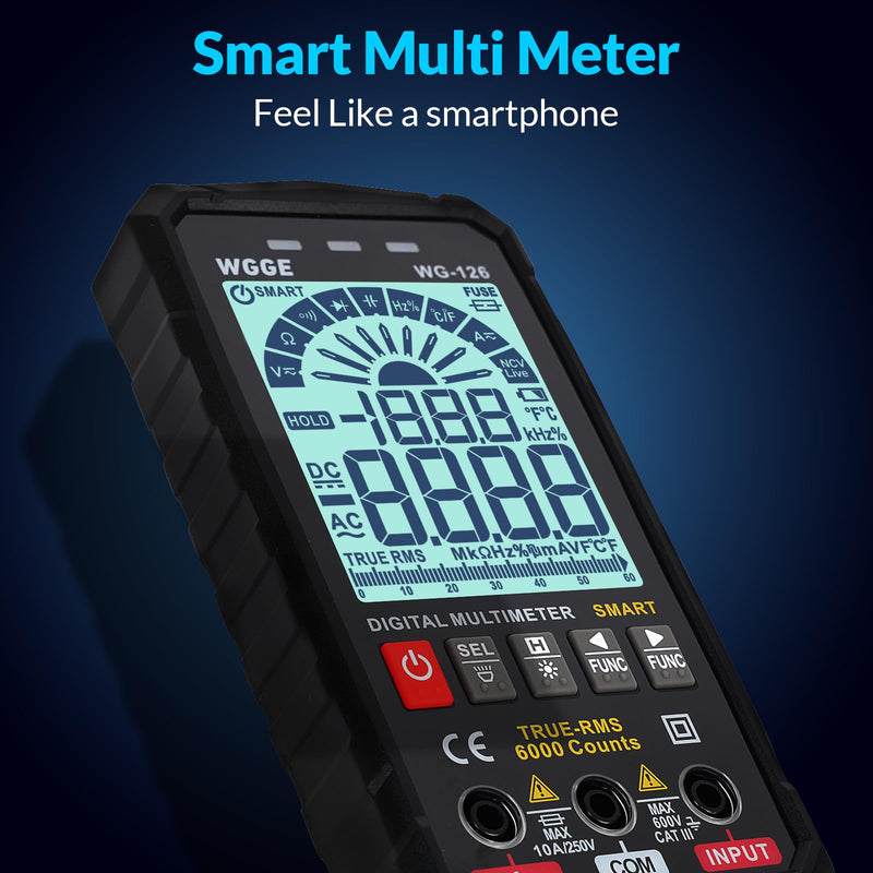 [Australia - AusPower] - WGGE Digital Multimeter Voltmeter Smart Electrical Tester Measures Voltage Current Resistance Continuity Duty-Cycle Capacitance Temperature Frequency Auto Ranging 6000 Counts TRMS 