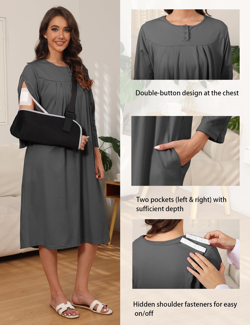 [Australia - AusPower] - Flannel Hospital Gowns for Women Zipper Open Back Post Shoulder Surgery Dress Thermal 3/4 Sleeve Adaptive Clothing Grey XX-Large 