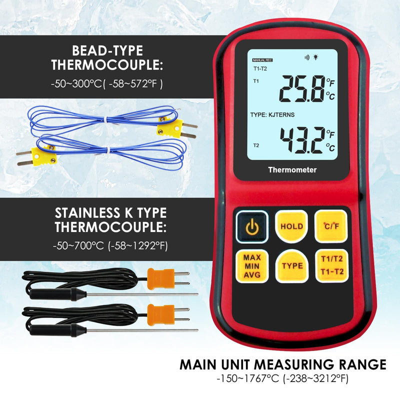[Australia - AusPower] - Thermocouple Thermometer Digital K/J/T/E/R/S/N Type Thermocouple,Dual Channel Thermocouple Tester(-238~3212℉) with 4 K-Type Thermocouples LCD Display Temperature Tester Red 