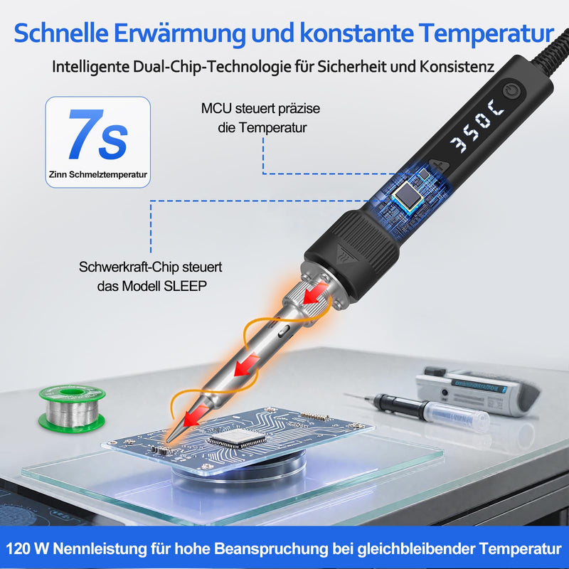 120 W LED Soldering Iron Set, 7 Seconds, Heating, Adjustable Temperature 180-520 °C | Auto Schlafmodus Präzise Lötwerkzeuge Elektronik Reparatur mit Lötdraht 5 Lötkolbenspitzen Entlötpumpe Ständer Pinzette