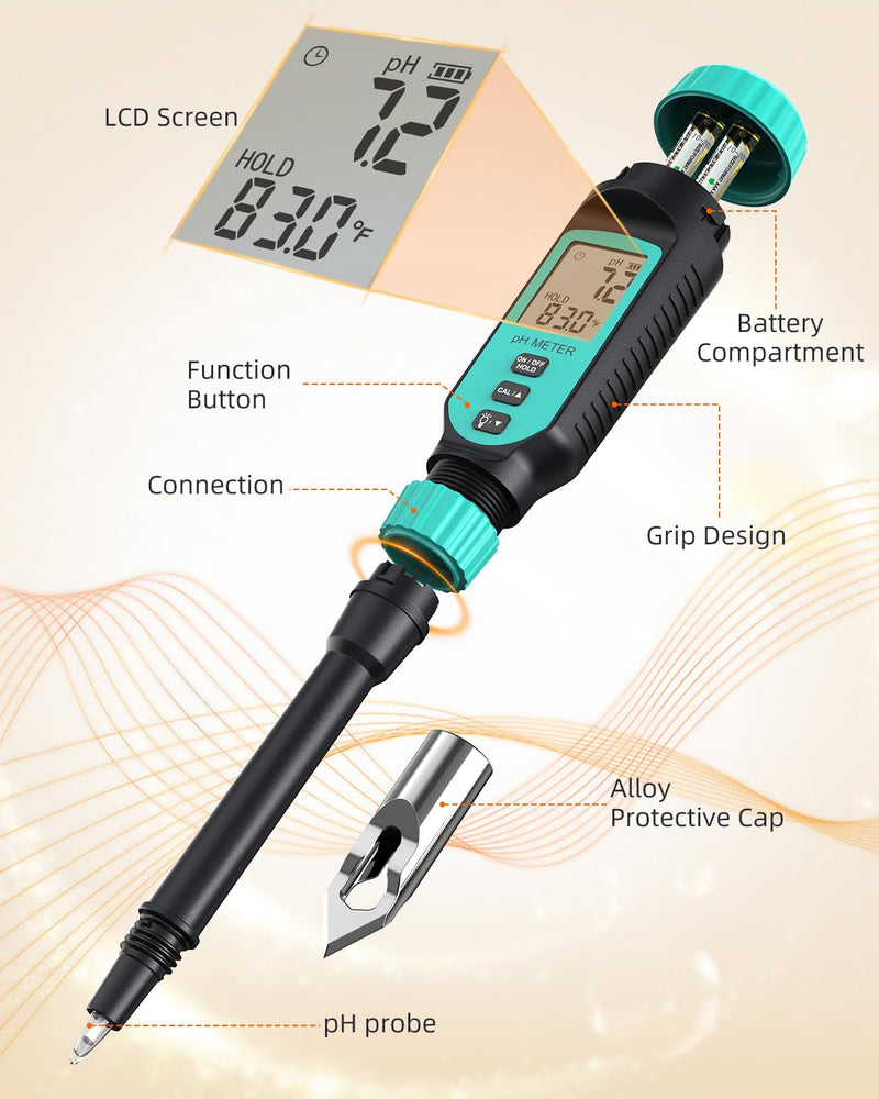 Tadeto Soil pH Tester, High Accuracy Digital pH Meter for Soil, Garden, Water, Plants, Solution and Food, Soil pH Test Kit with Thermometer LCD Display, Calibration Powder and Alloy Protective Cap Blue