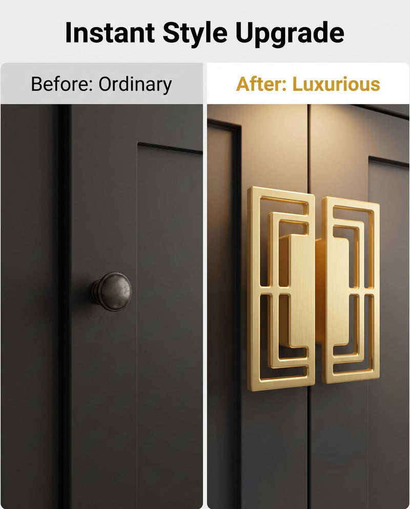 6Pcs of Gold Brushed Drawer Handles Pulls, Closet TV Cabinet, Stylish Golden Copper Handles Modern Chinese Auspicious Patterns Double-Hole 32mm Handle