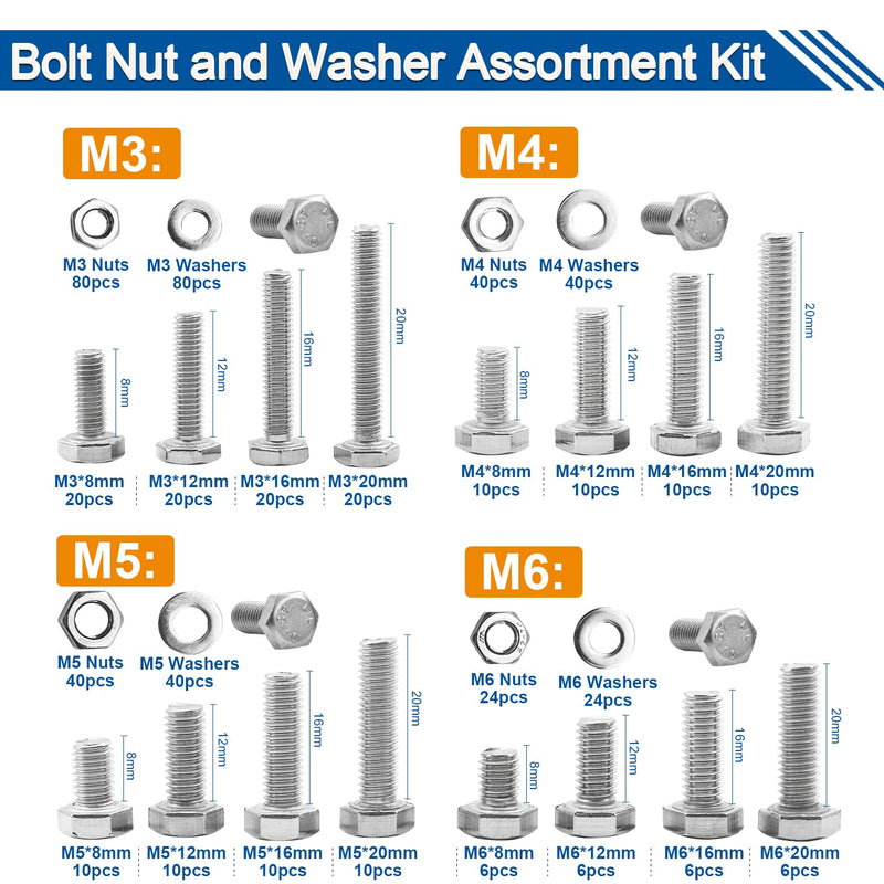 [Australia - AusPower] - NINDEJIN 552 PCS M3 M4 M5 M6 Hex Head Bolts and Nuts Set, 304 Stainless Steel External Hexagonal Bolts Set with Nuts and Washers, Heavy Duty Hex Head Cap Bolts and Nuts Kit with Storage Box 