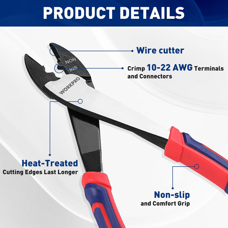 [Australia - AusPower] - WORKPRO 9.5" Wire Cutter/Crimper, Wire Crimping/Cutting Tool for 10-22 AWG Terminals and Connectors, Designed for Insulated and Non-Insulated Connections 